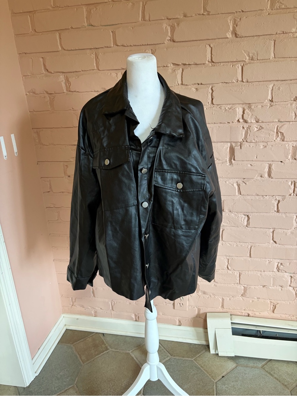 SHEIN Black Faux Leather Bomber Jacket